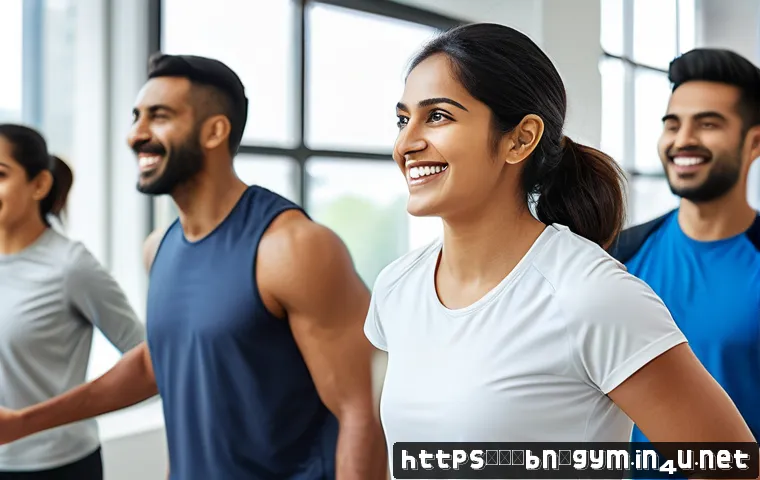 피트니스 경영사와 HR 관리 - A modern fitness center scene showing a diverse group of Bengali employees participating enthusiasti...